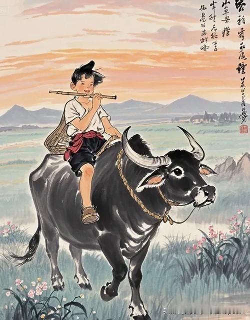 《牧童》
——北宋·释重显
呕啊唱与那鸣咿，
百草拈来斗不知。
日晚骑牛未归去，