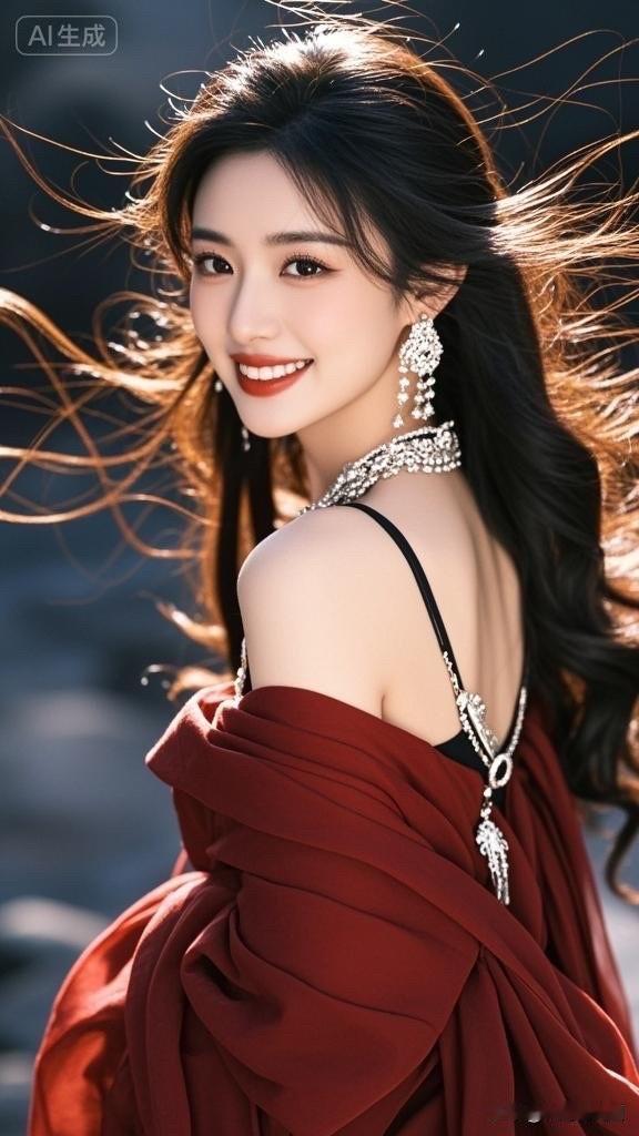 优雅红衣美人，微笑如春风拂面