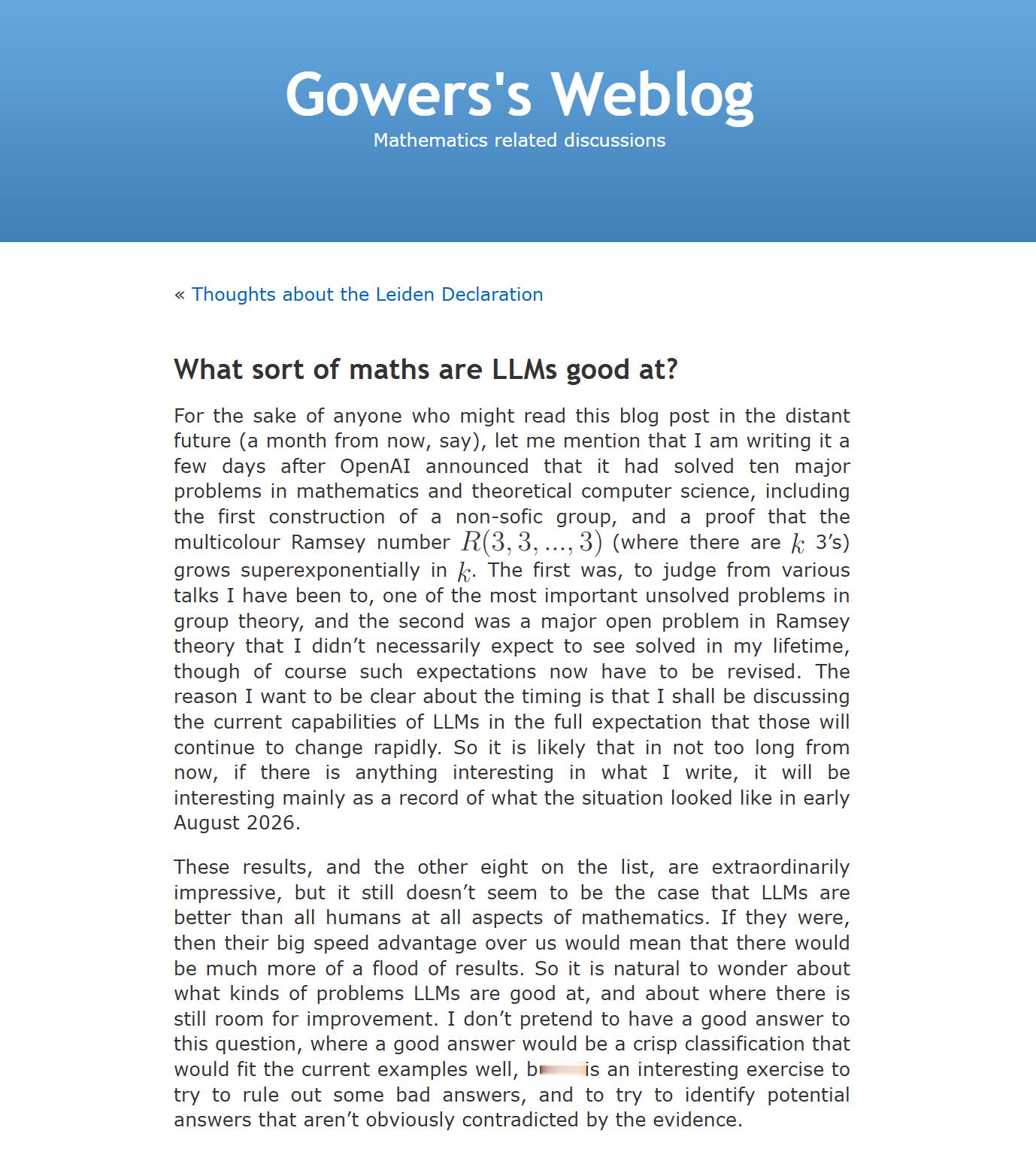菲尔兹奖获得者、英国数学家 William Timothy Gowers 发表文