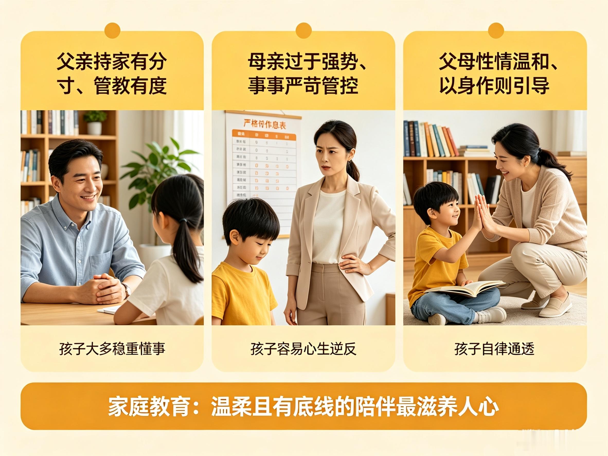 观察身边不少家庭发现三种不同成长轨迹：父亲持家有分寸、管教有度，孩子大多稳重懂事