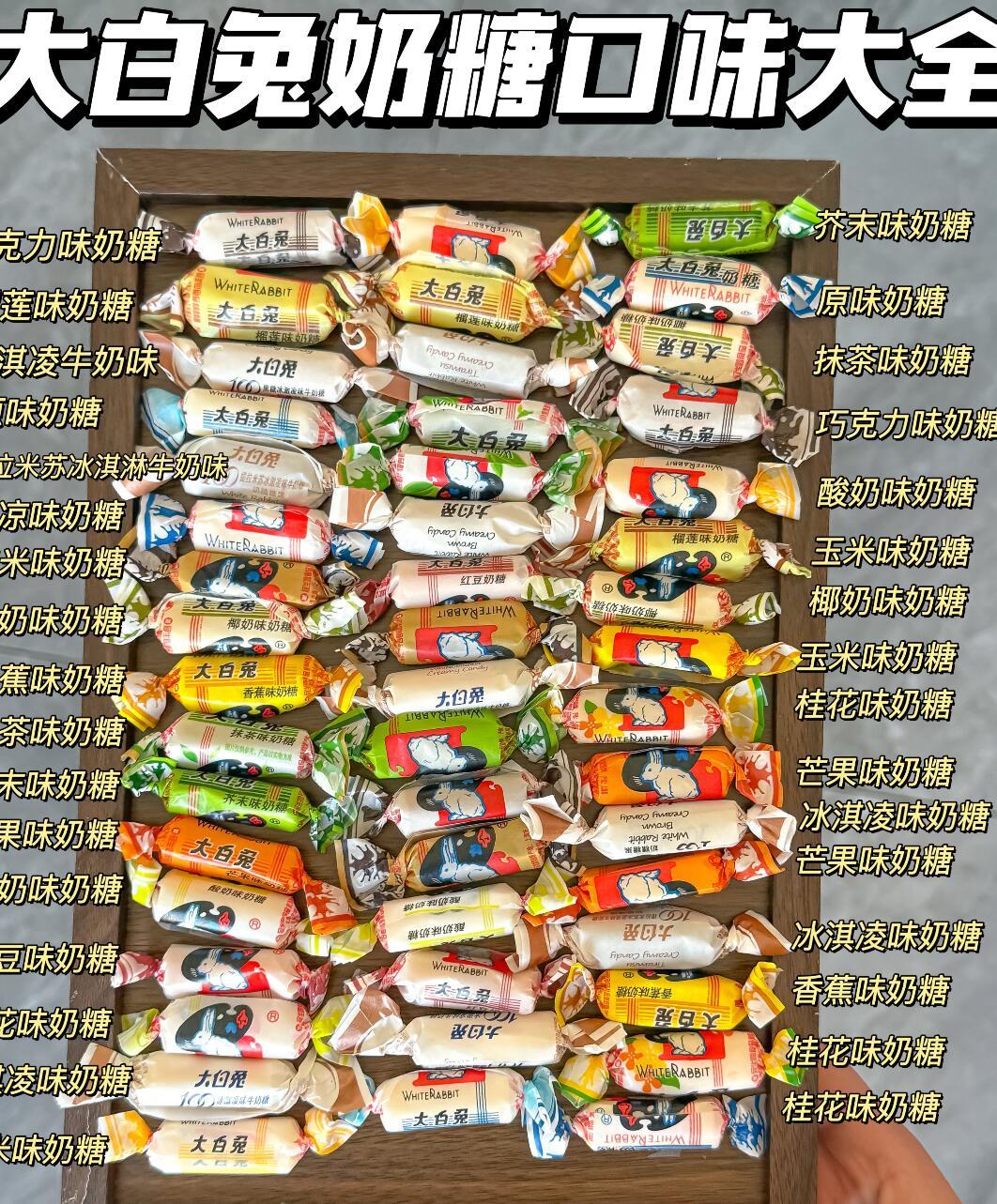 大白兔奶糖的包装纸火了哇哦，童年的记忆。话说大白兔奶糖有这么多口味啊，大家都尝过