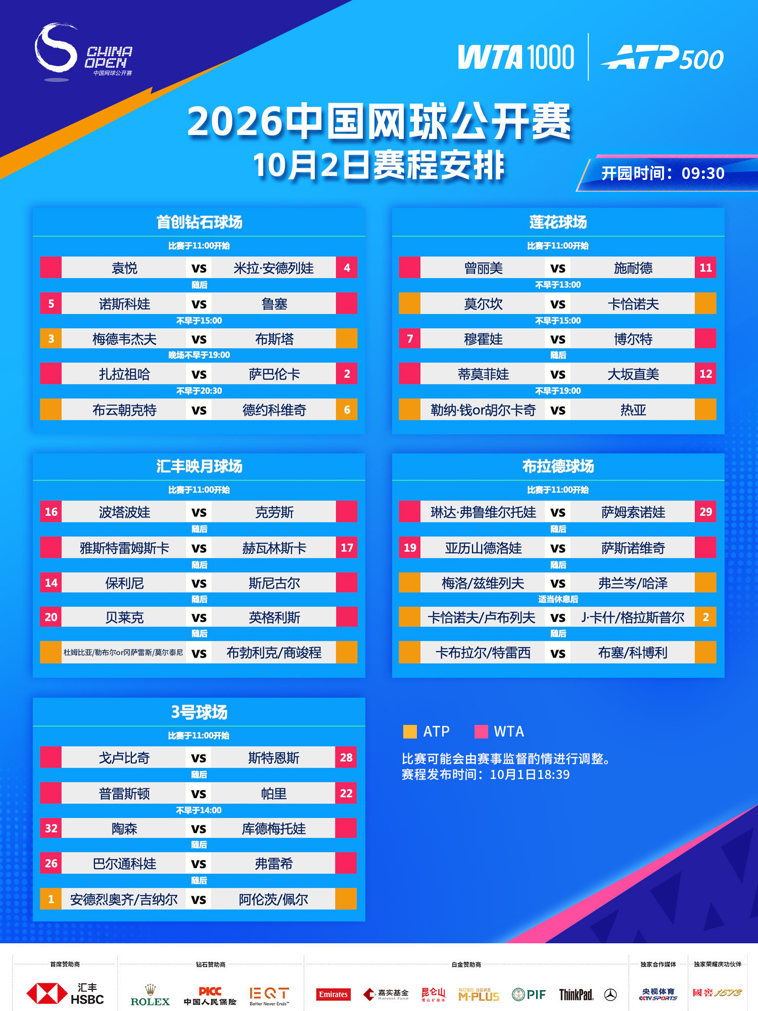 2026中网 10月2日赛程已出多场焦点战引爆看点德约科维奇、萨巴伦卡、大坂直美