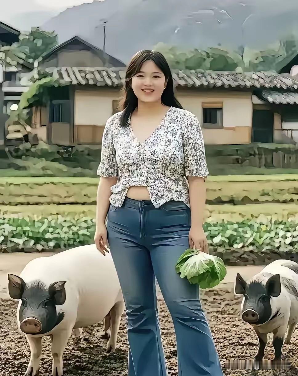 田园风光中的甜美女孩与可爱的猪猪们