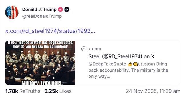 💥川普总统分享了一张暗示通过军事法庭绕过“腐败司法系统”的梗图

针对六名民主