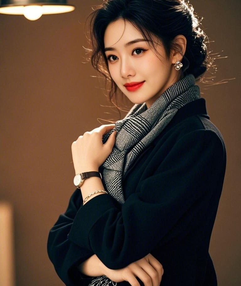 上联：黑衫裹韵唇凝焰
下联：灰帔衔光腕缀星