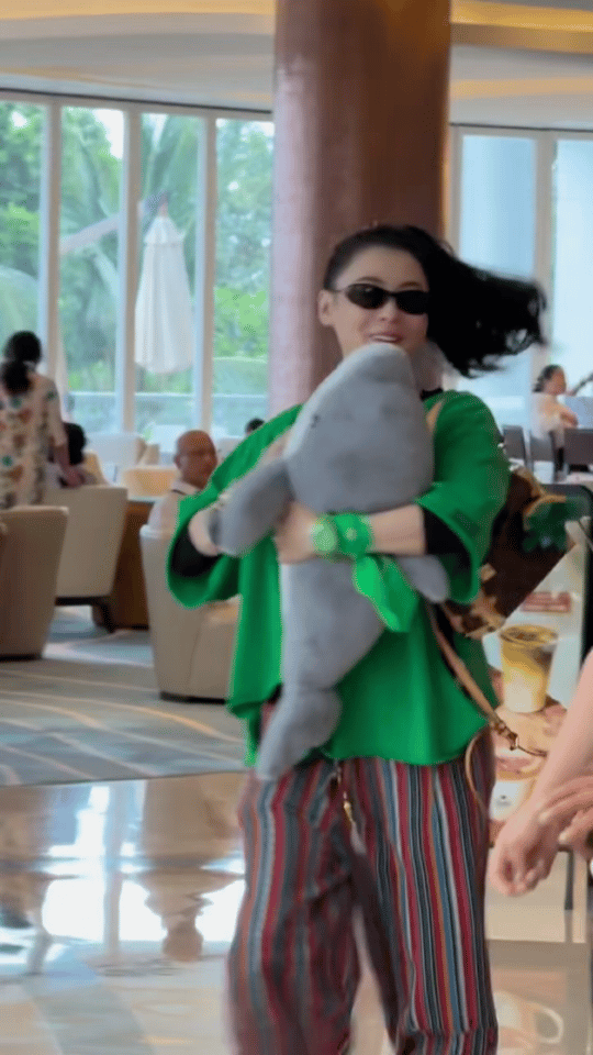 三亚偶遇张柏芝 柏芝姐在三亚玩得好开心呀，抱着海豚抱枕蹦蹦跳跳的，感觉瞬间回到了