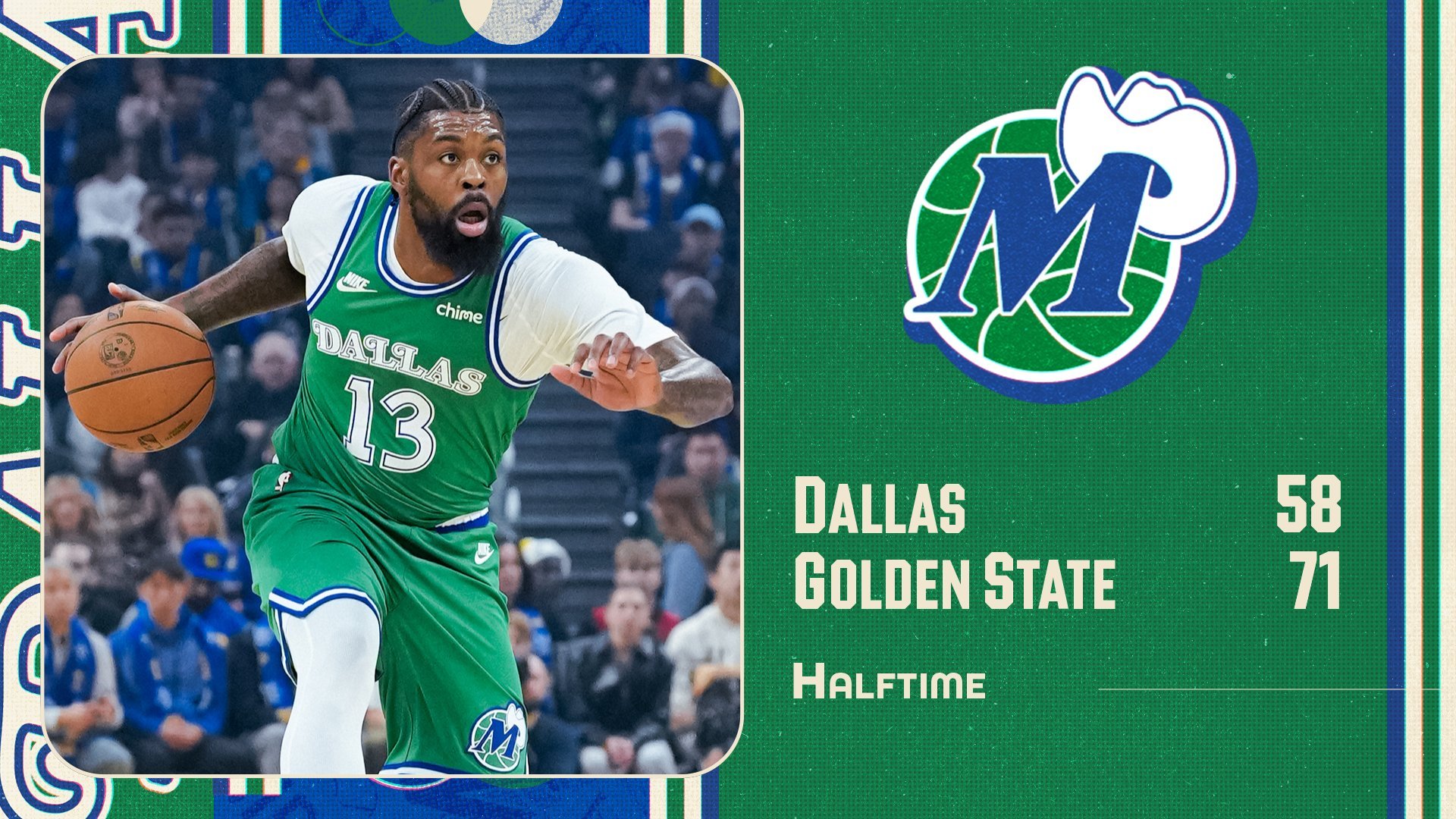 半场结束，独行侠 58-71 落后。半场输了 10 个三分，全队三分 5 中 1