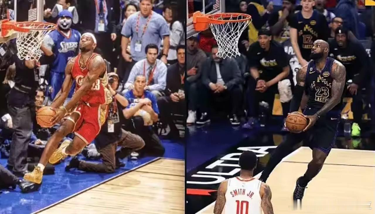 9岁vs41岁！詹姆斯这背扣，时间都看傻了。美媒晒出詹姆斯19岁与41岁背扣对比