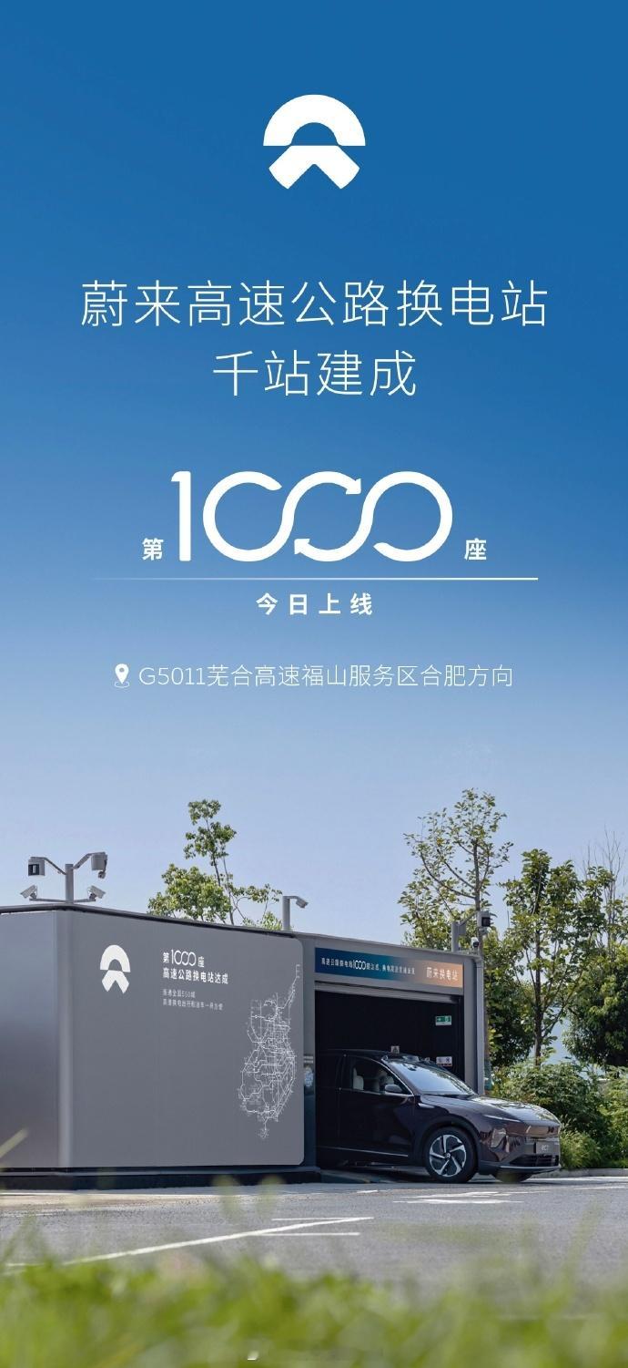 历时2429 天，蔚来高速1,000站今日建成！第1,000座高速公路换电站于G