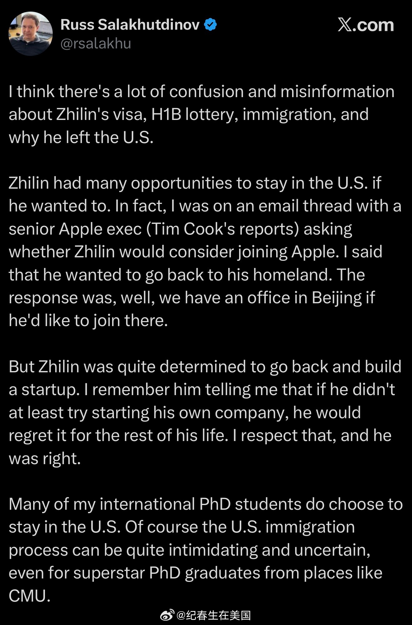 杨植麟CMU导师Salakhutdinov：“我觉得关于杨植麟的签证、H-1B 