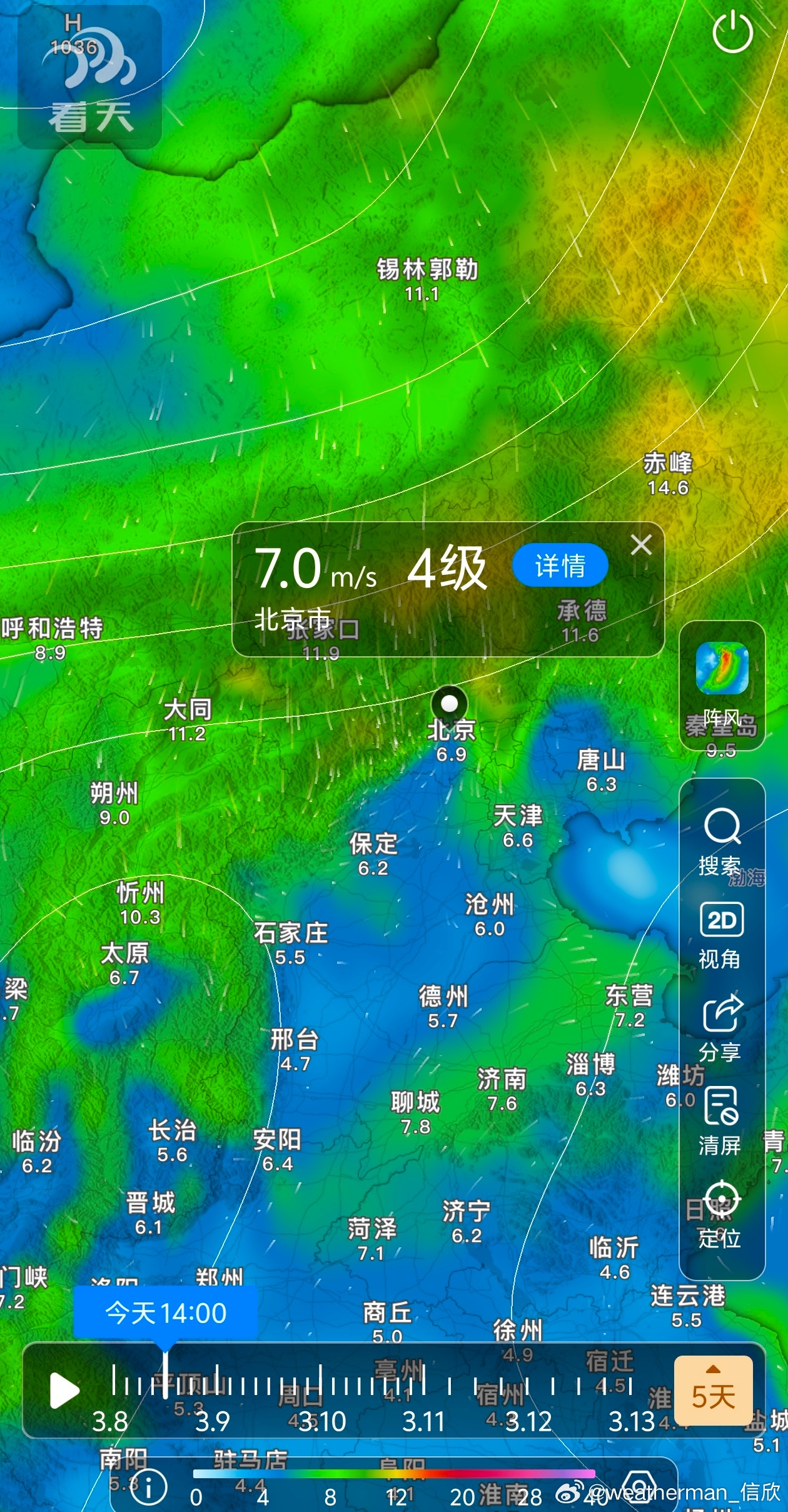【北风下沉增温】今天中午到下午，北京的阵风会加大到5级左右。北风翻山下沉，会使得