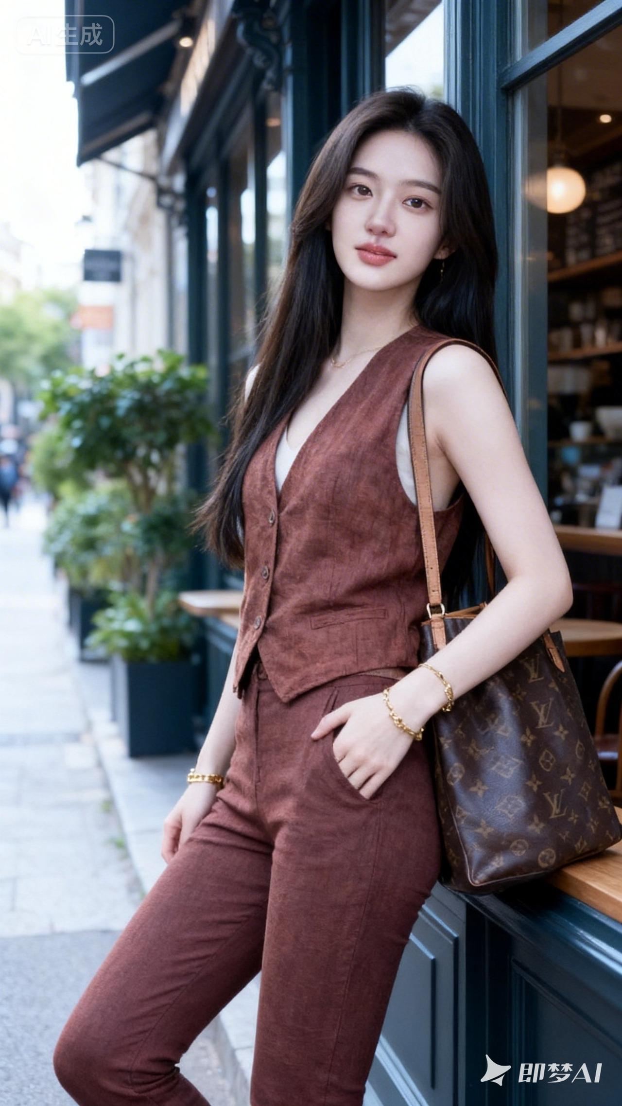 都市时尚女孩，棕色套装搭配Louis Vuitton包包，自信满满！