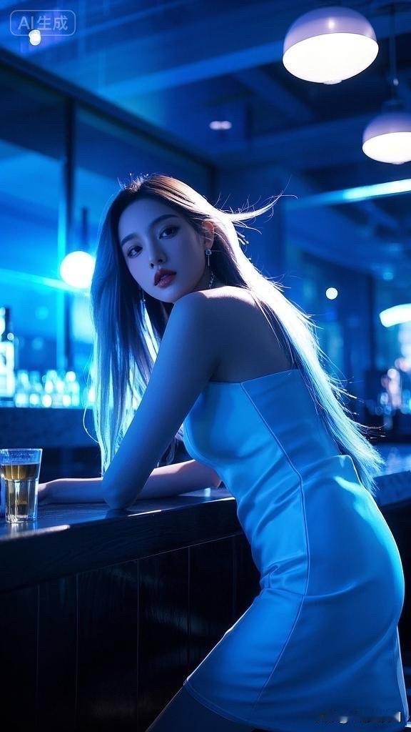 夜晚酒吧里的优雅时光，金发美人轻抿香槟，尽显迷人风情。