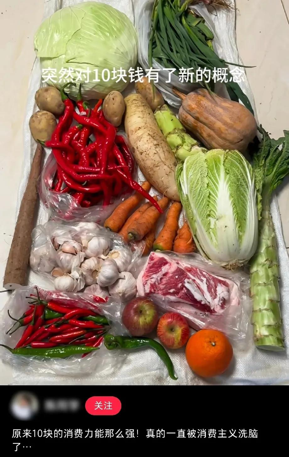 突然对10块钱有了新的概念，可以买这么多菜跟肉……


我觉得这人可能从1996