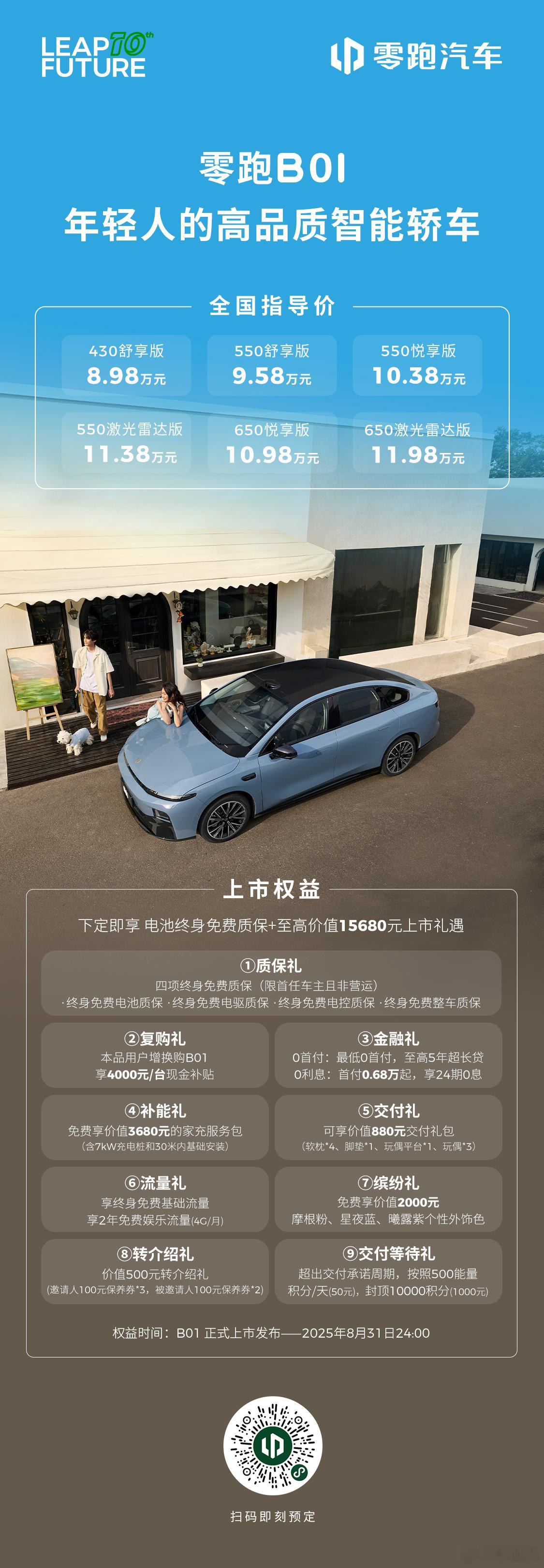 10万买什么车能一步到位零跑B01售价8.98～11.98万元550舒享版9.5