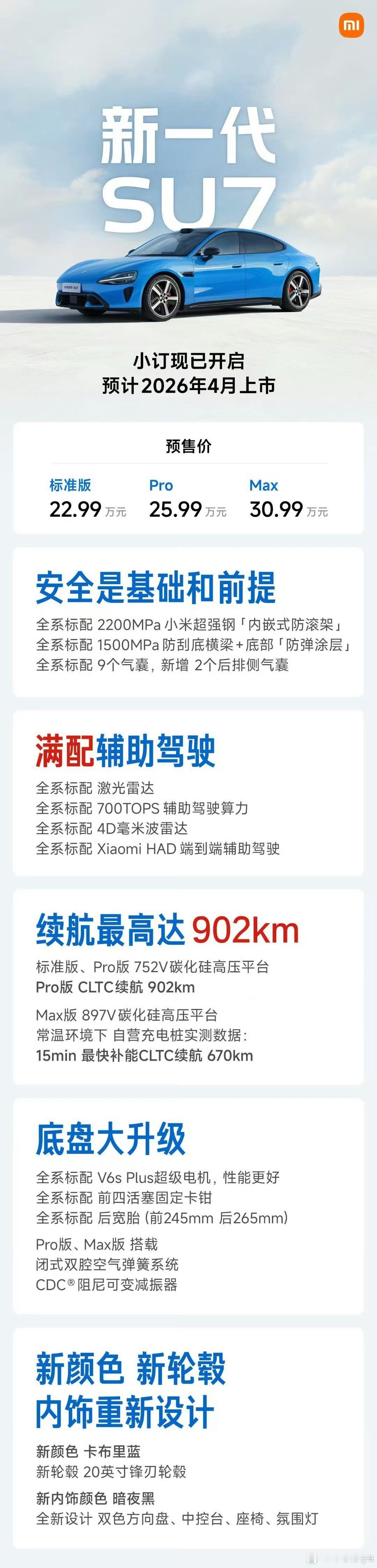 小米新一代SU7官宣了，续航变长，Pro版从830km升级到902km，安全方面