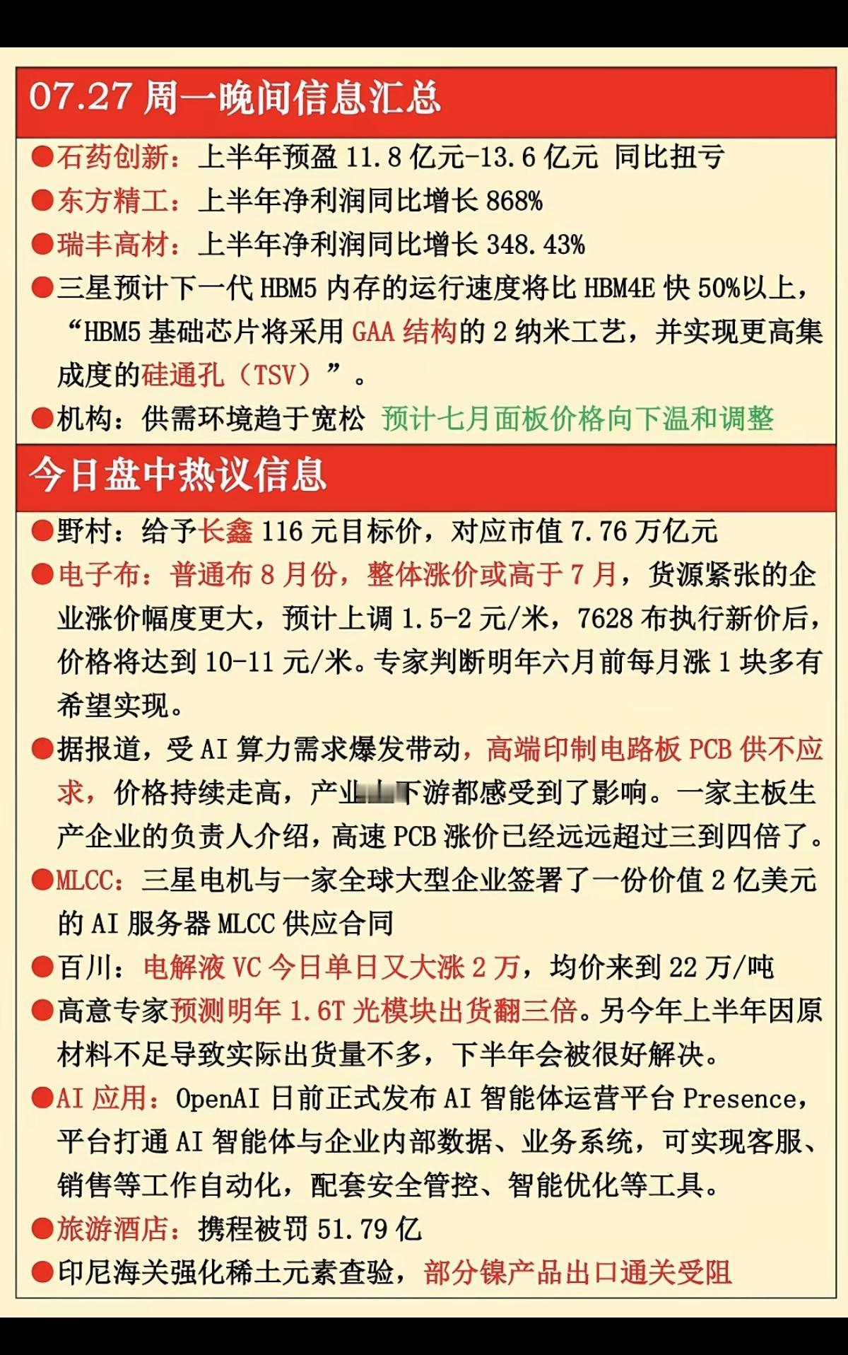 7.27周一  晚间财经信息汇总！

1.电子布
2.高端印刷电路板PCB
3.