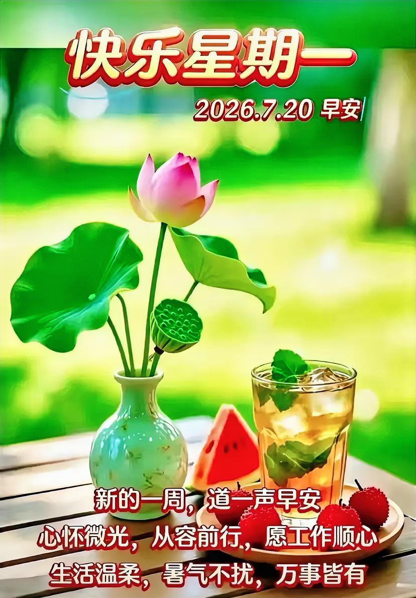 快乐周一，荷花清甜搭冰饮，暑气消散！心怀微光，从容前行，愿生活温柔，万事皆安。
