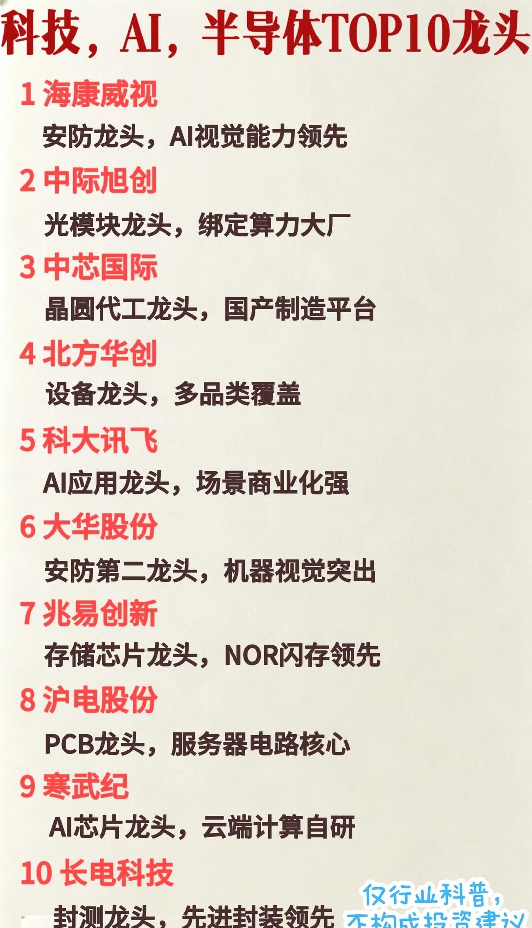 科技，AI，半导体TOP10龙头
1 海康威视 | 安防龙头，AI视觉能力领先