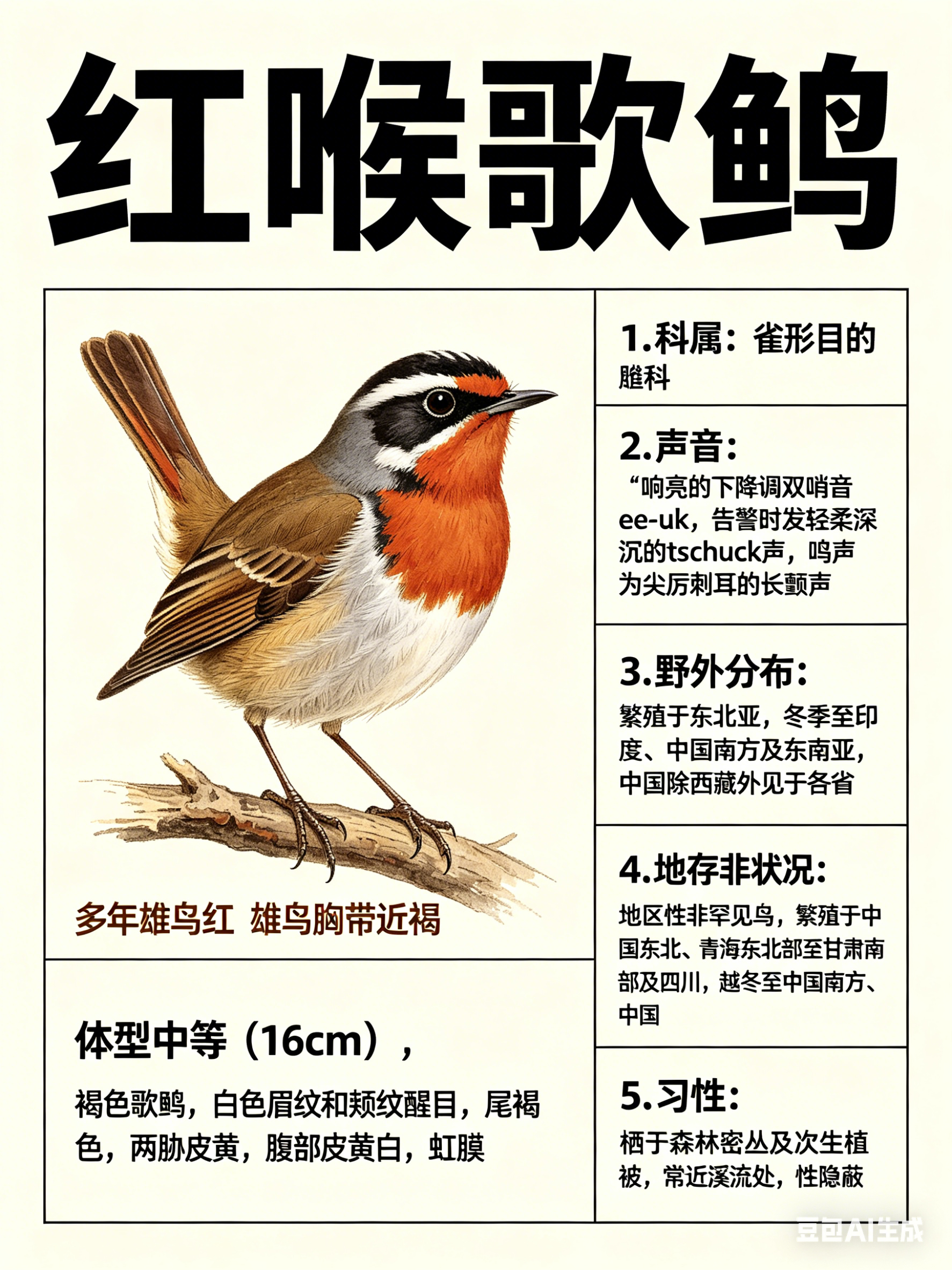 鸟类朋友图鉴 红喉歌鸲·科属：雀形目，鸫科。·外形特征：体型中等（16cm）且丰