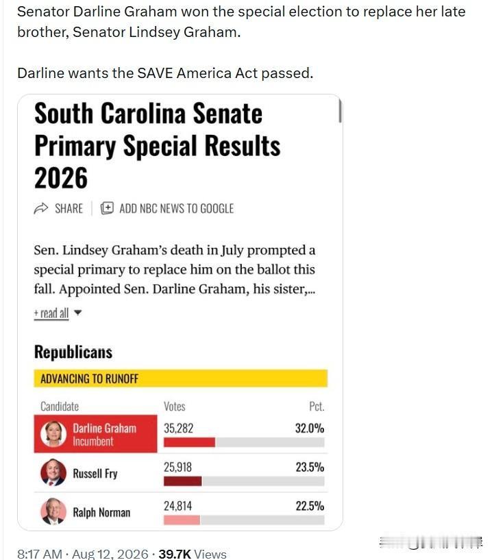参议员Darline Graham在补选中胜出，接替已故兄长Lindsey Gr