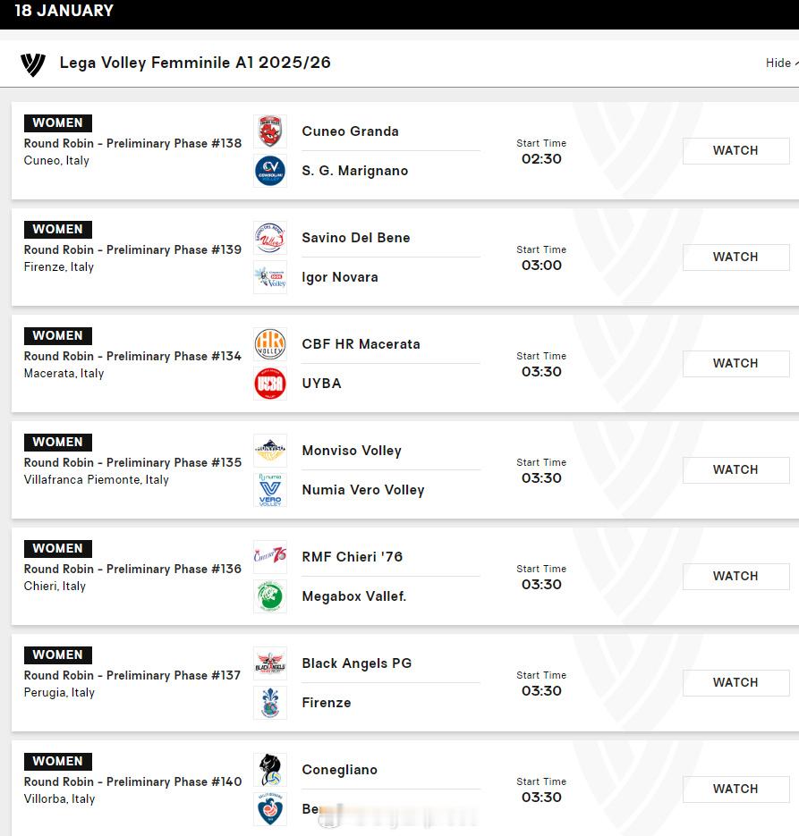 【意甲女排本轮赛程对阵】国际排坛动态中国排球留洋动态 北京时间1月18日凌晨，意