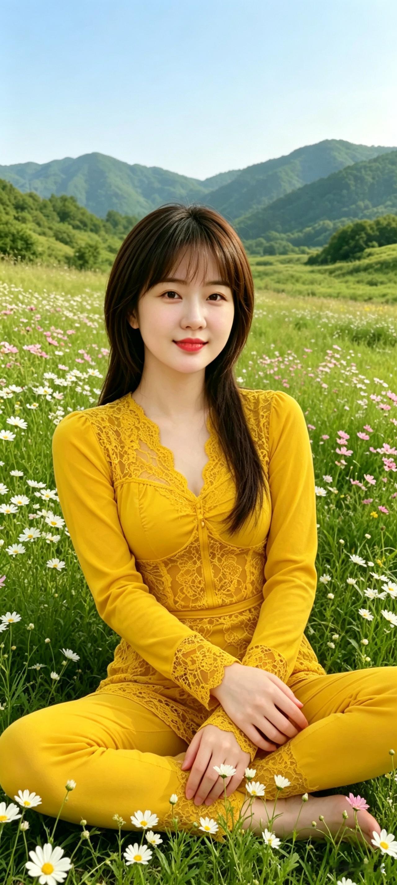 黄衣美人赞
青山凝翠野花妍，
黄袂佳人入画笺。
乌发柔滑垂似练，
笑眸弯弯意悠然