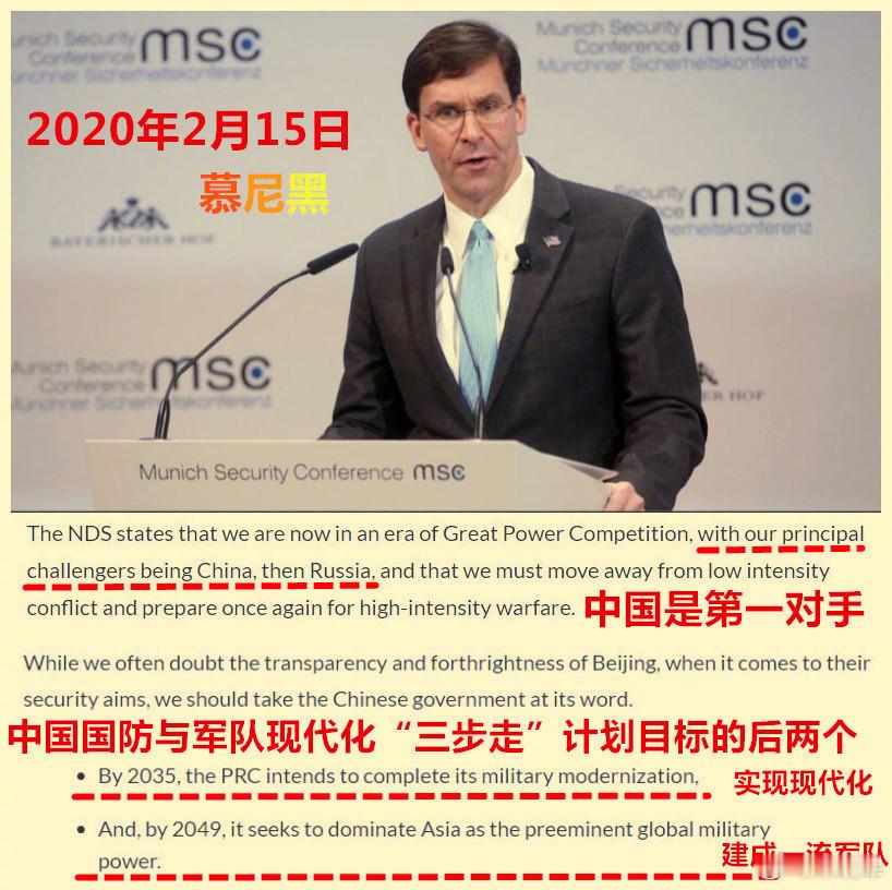 图1：2020年2月特朗普1.0政府的防长在慕尼黑表示：中国是第一对手；图2/3