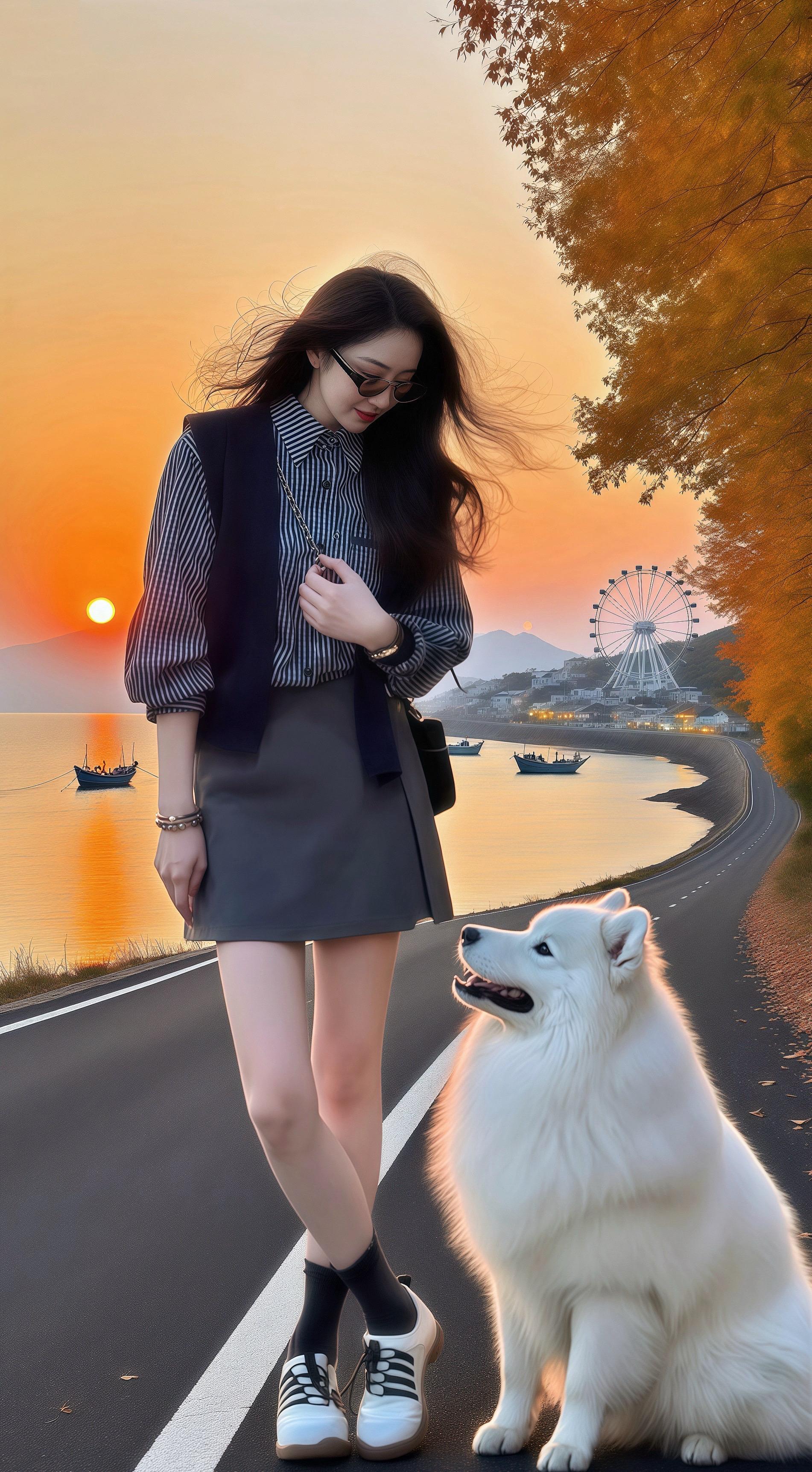《暮色海边的相伴时光》夕阳将天空晕染成暖橙色，林薇牵着萨摩耶“雪球”...
