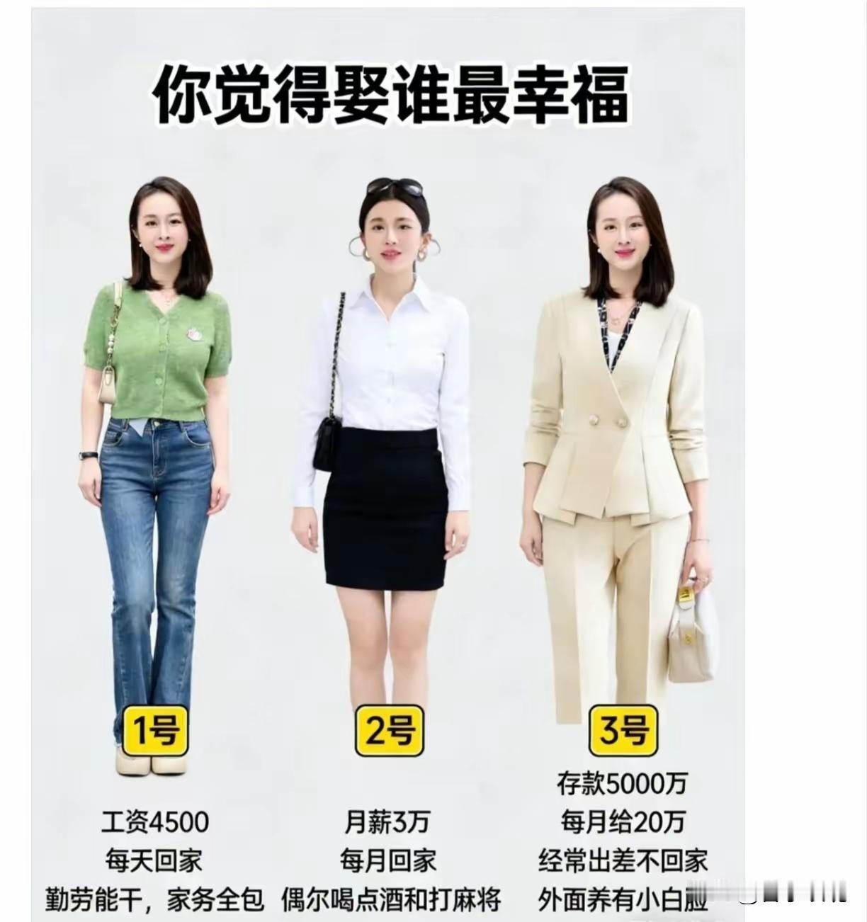 实话实说，下图中几个美女，彩礼都是一样多，你会选谁！
​1号：工资每月4500，
