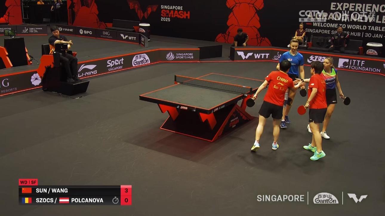 孙颖莎/王艺迪3比0斯佐科斯/波尔卡诺娃(9，7，8)晋级WTT新加坡大满贯女双