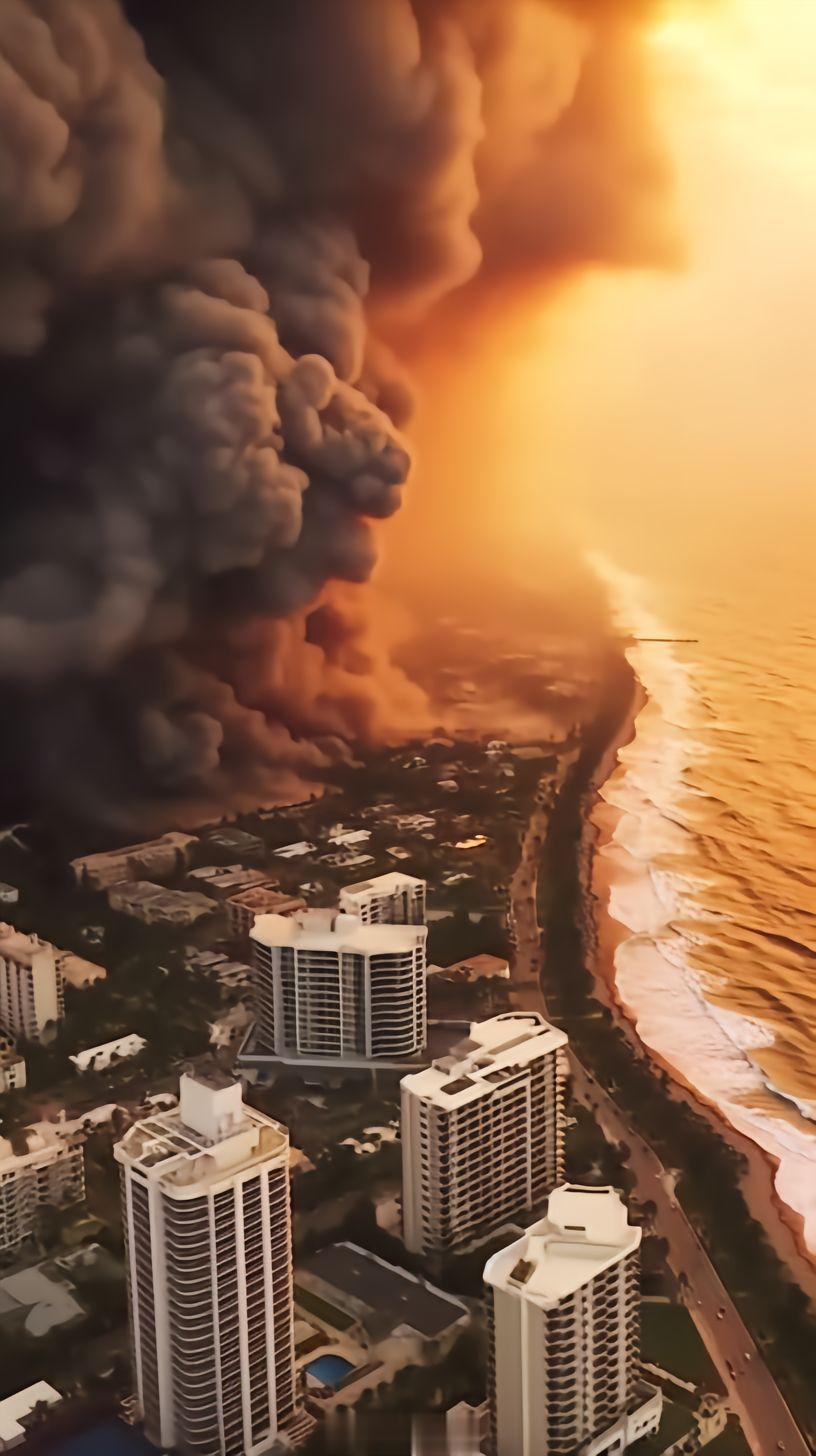 #夏威夷大火约100人跳太平洋逃生#美国夏威夷山火航拍。飓风＋山火，导致火势迅速