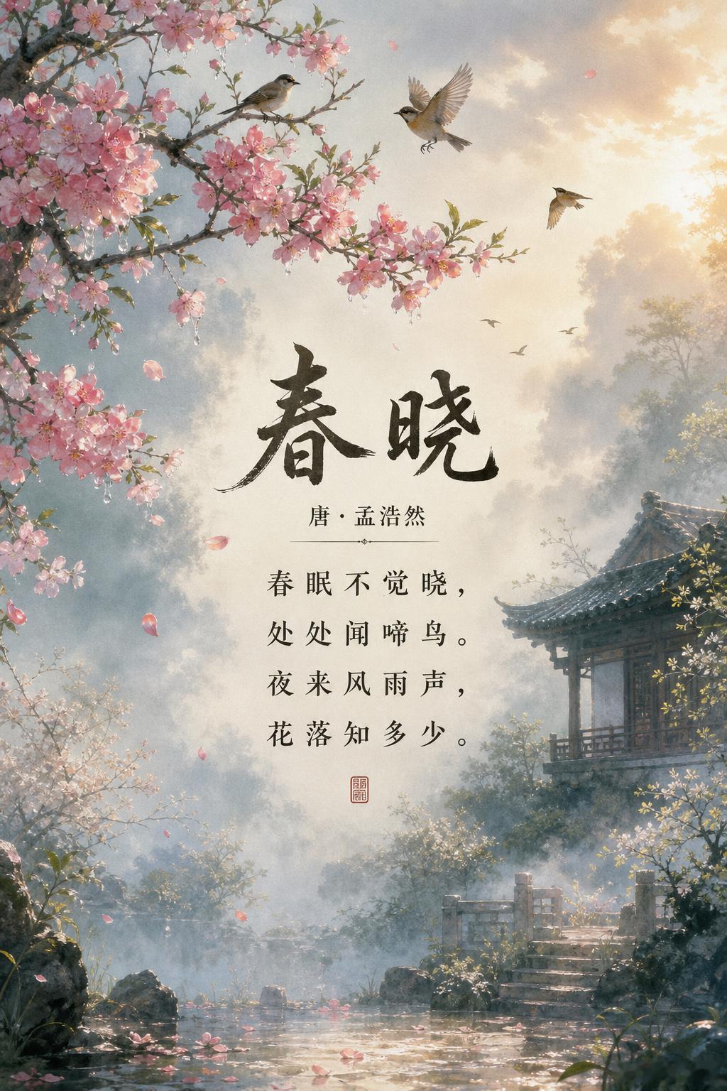 GTP提示词：为中文古诗《春晓》设计一张诗词配图，整体风格与诗意和谐统一，具有电