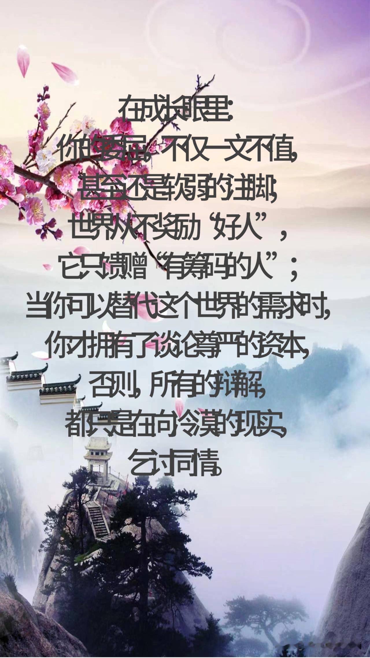 你的委屈， 不仅一文不值， 甚至还是软弱的注脚； 世界从不奖励 “好人”， 它只
