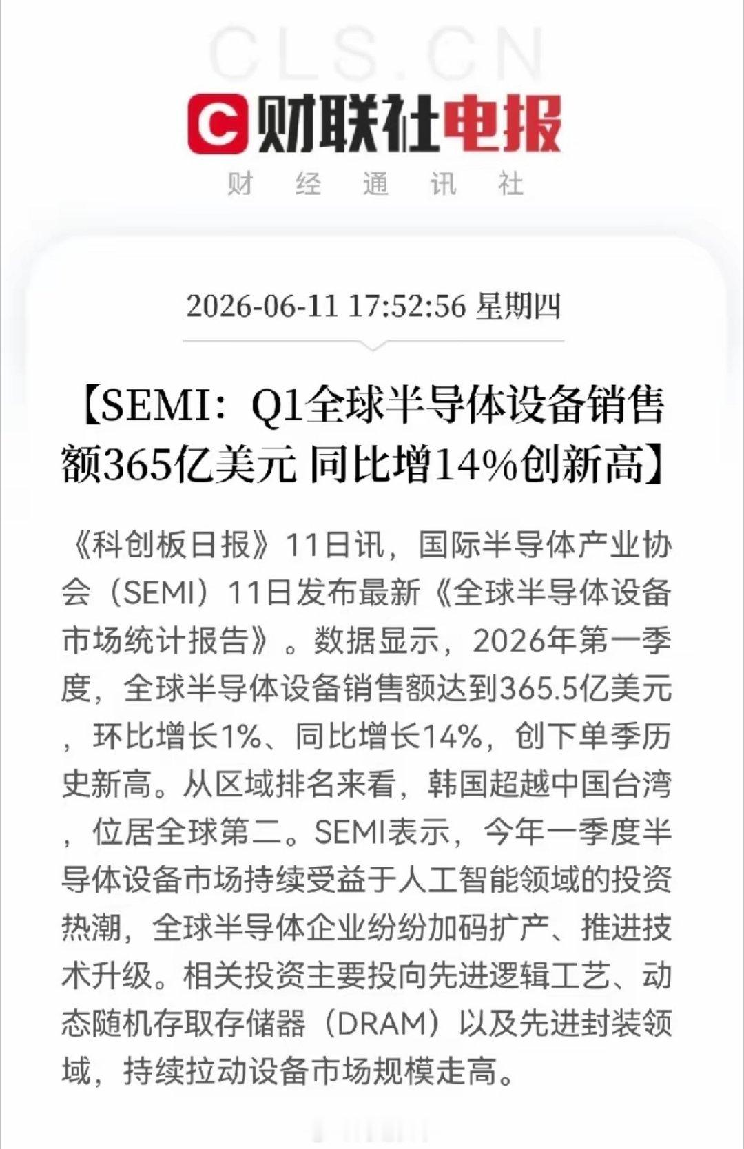 又来利好了！又来利好了！半导体芯片大利好，一季度全球半导体芯片设备销售额创历史新