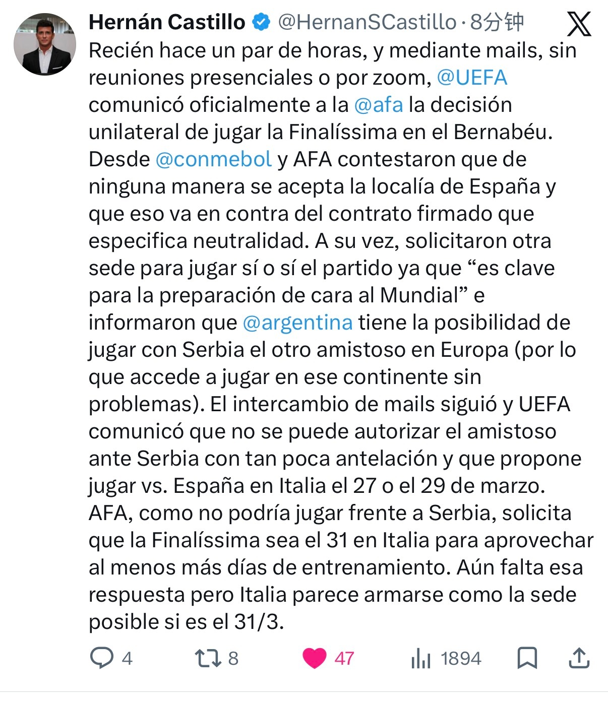 🚨 埃尔南·卡斯蒂略（阿根廷资深记者）：就在几个小时前，欧足联通过邮件正式向阿