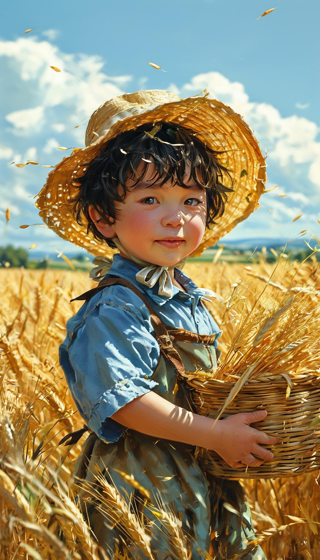 那时候的粮食好精贵呀。我们这些娃提着篮子跟在大人后面捡麦穗，生怕遗漏了。