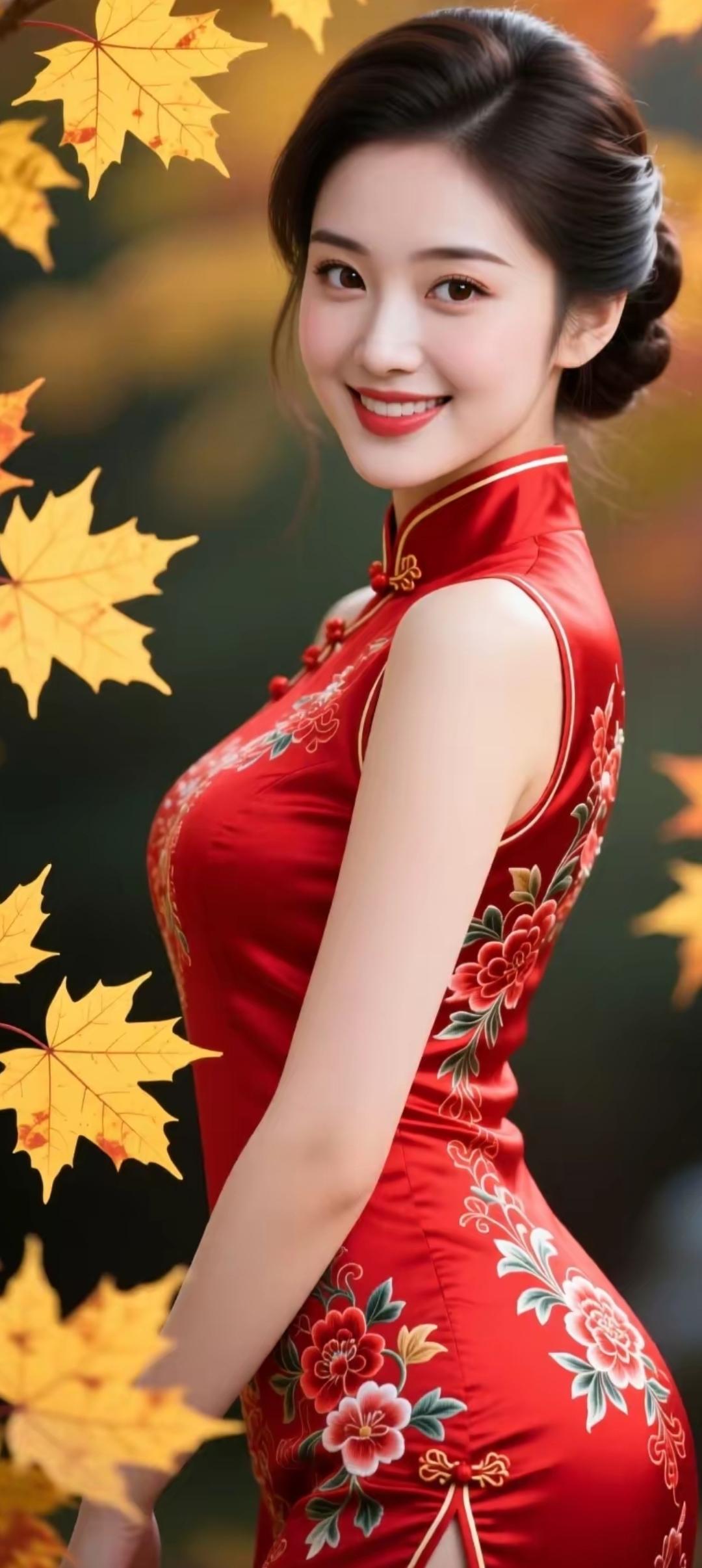 秋意浓，红衣美人，花枝招展，笑靥如花。