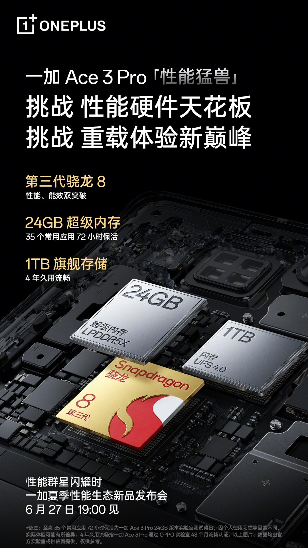 【一加Ace 3 Pro配备24GB内存+1TB存储】今天，一加在为Ace 3 
