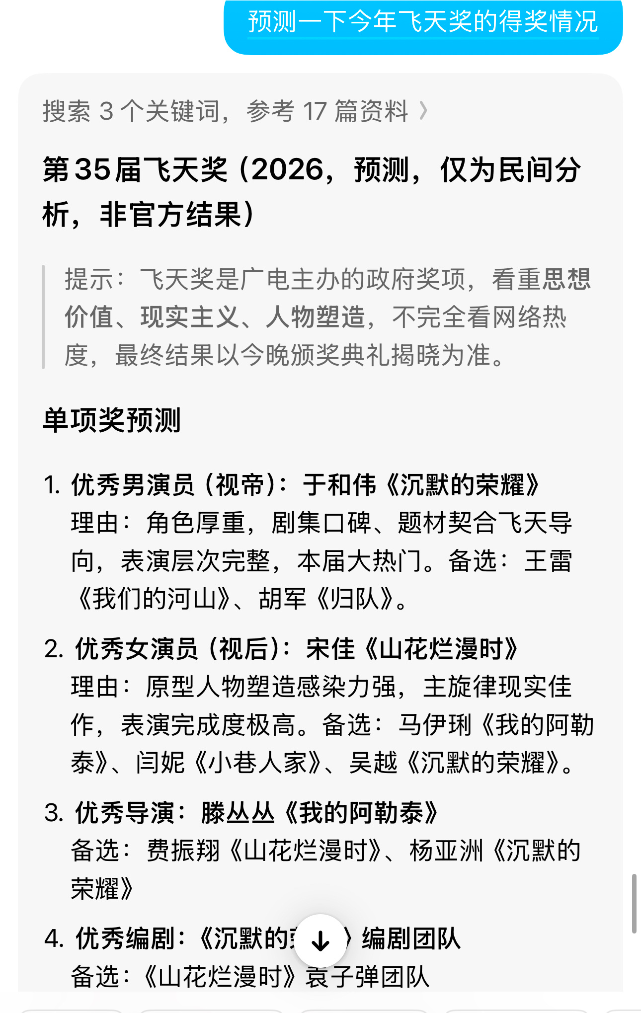 飞天奖AI预测的得奖情况，放在这里等待验证优秀男演员（视帝）：于和伟《沉默的荣耀