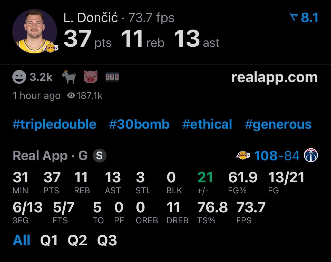 东子三节37+11+13，可以下班了。湖人vs奇才