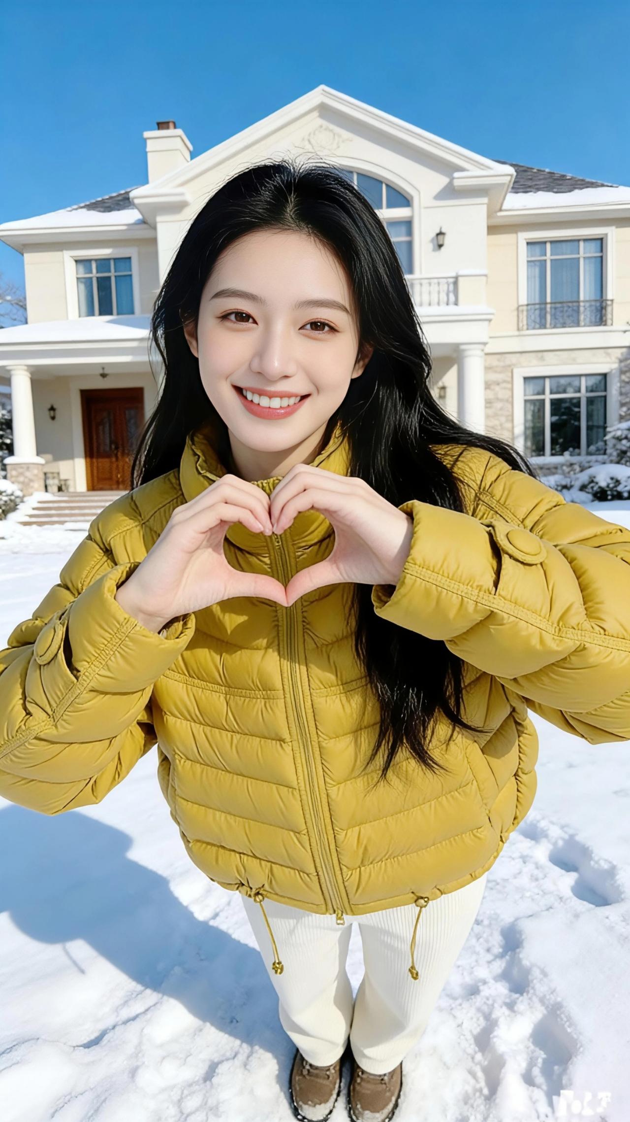 冬日暖黄
 
冬日的风裹着碎雪掠过肩头，那抹明黄的羽绒服却像偷来的阳光，把凛冽都