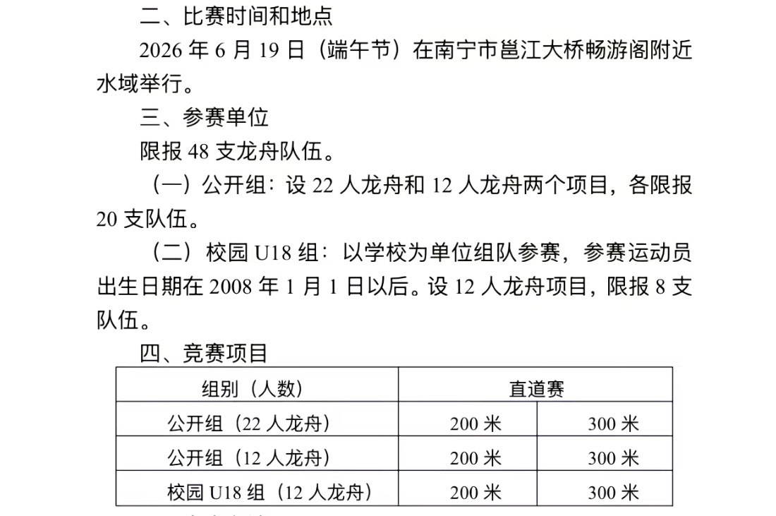 2026南宁龙舟公开赛 比赛时间：6月19日比赛地点：南宁邕江大桥畅游阁附近水域