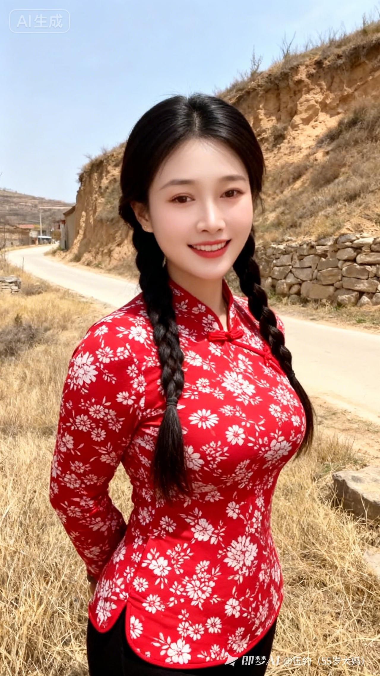 红衣少女，乡村小路，微笑如花。