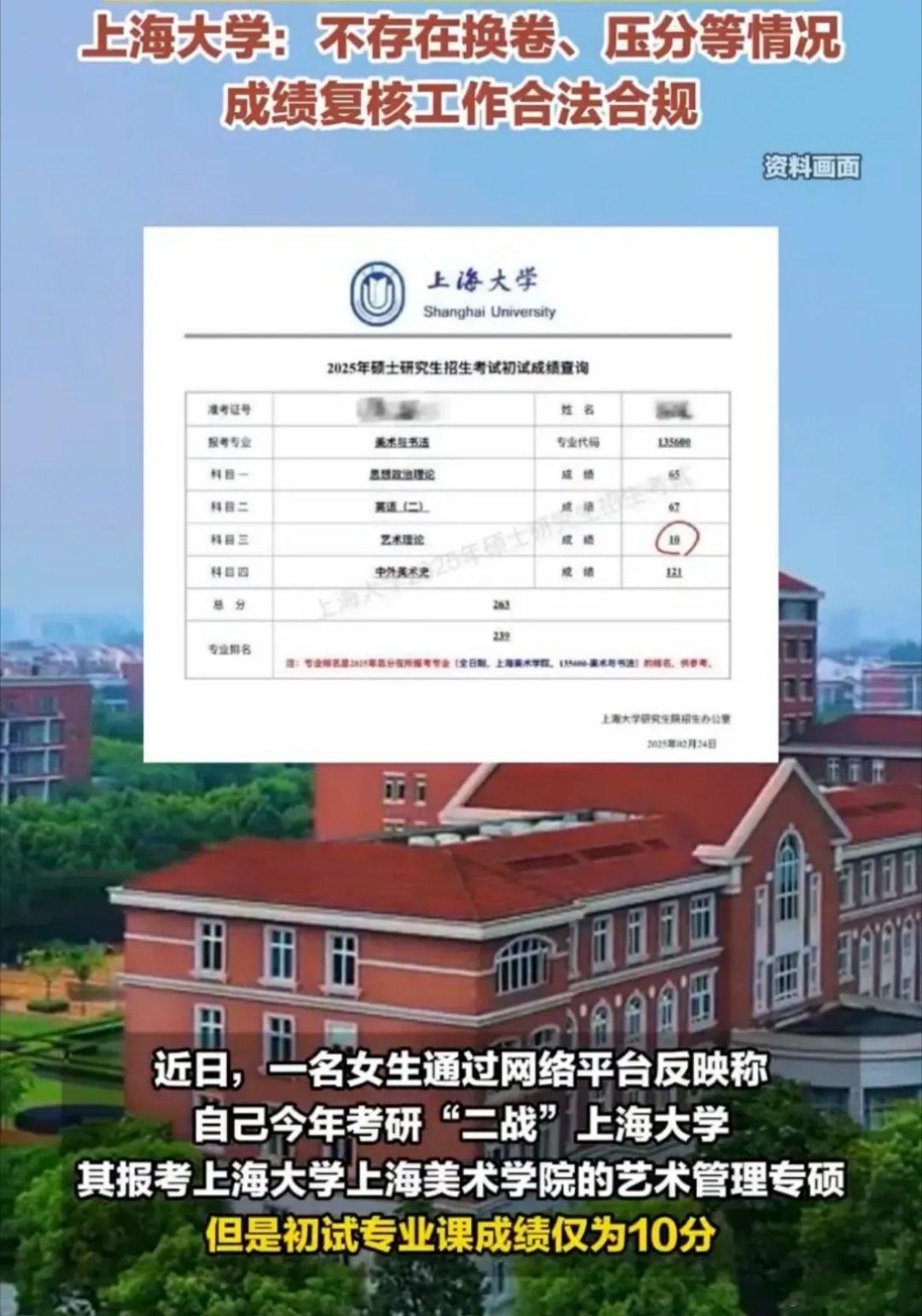 上海大学回应女生考研专业课10分 这个事确实比较离谱，你说两次考试相差几十分都还