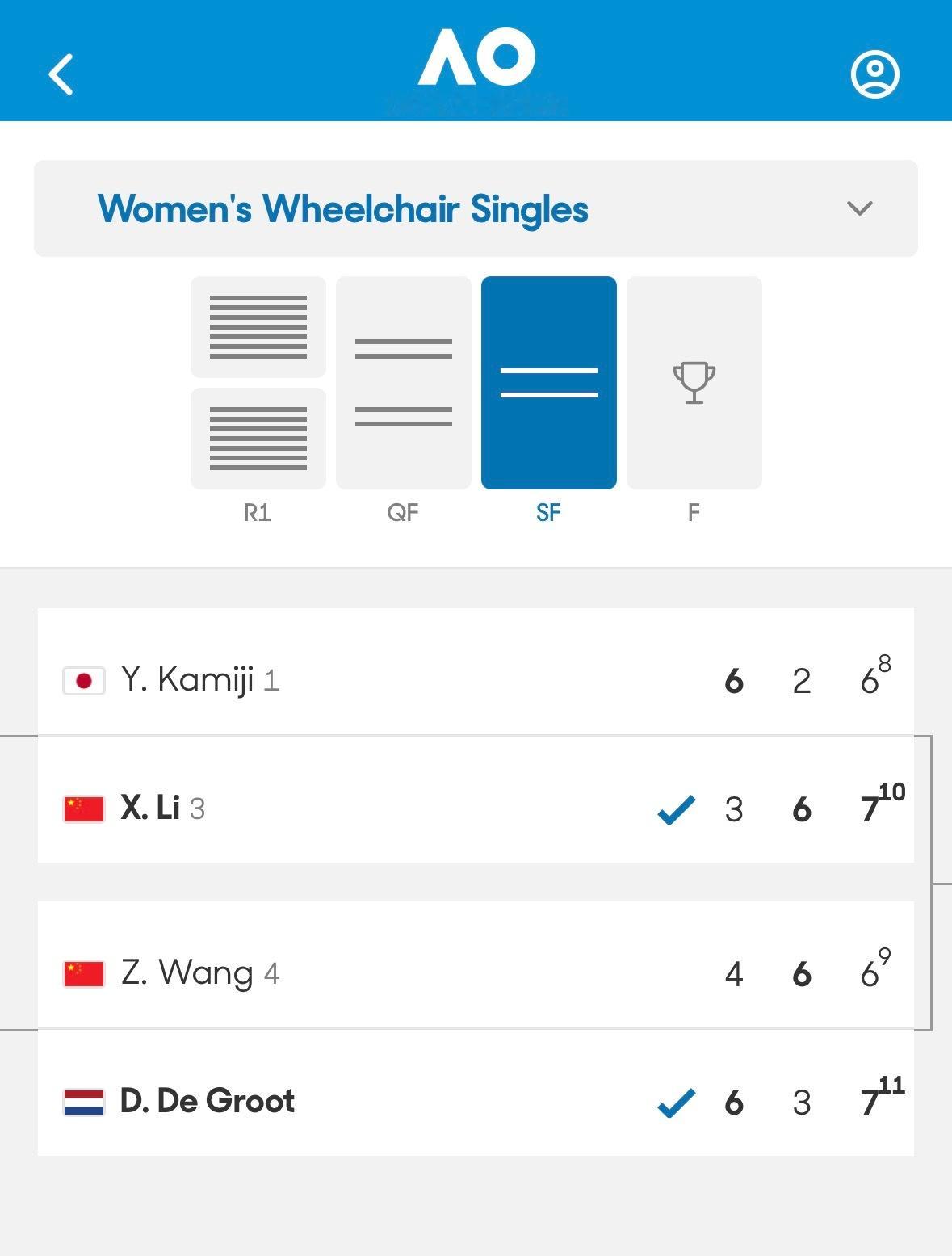 轮椅组女单两场半决赛都好激烈！李晓辉 3-6、6-2、7-6（8） 逆转上地结衣