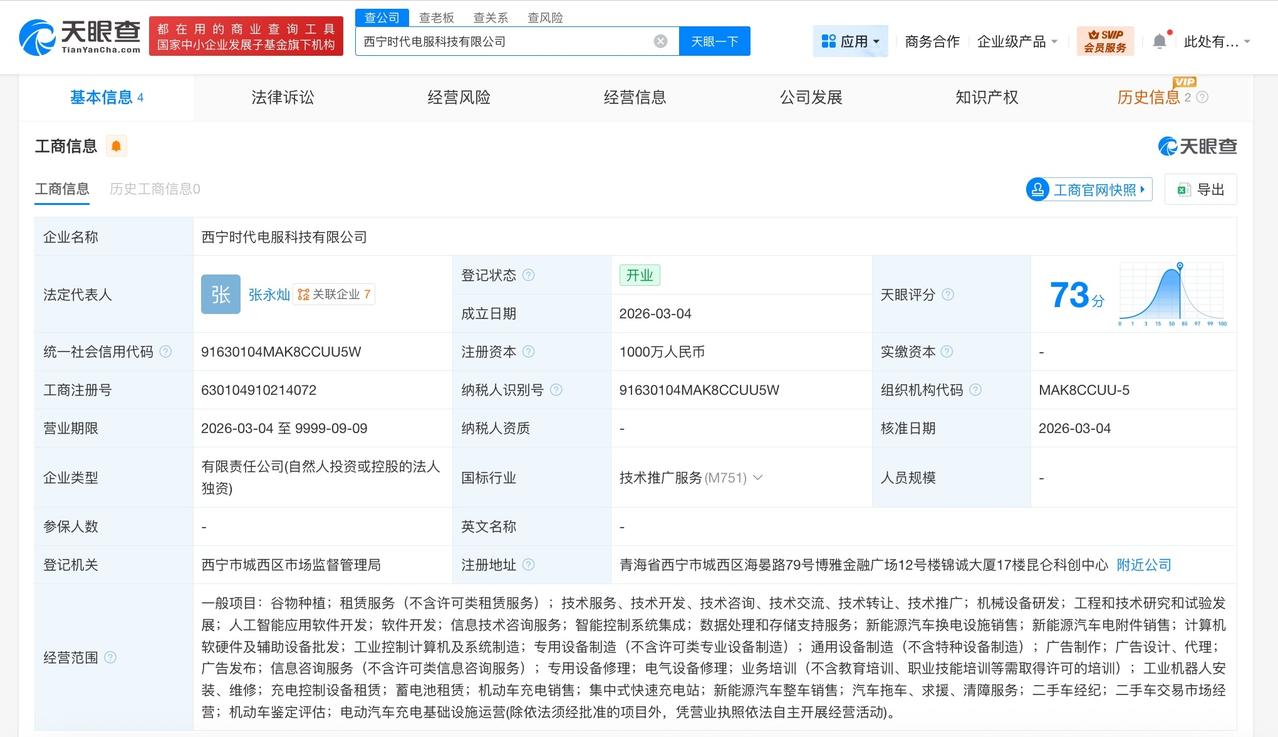 宁德时代在青海成立新科技公司 注册资本1000万

天眼查工商信息显示，近日，西