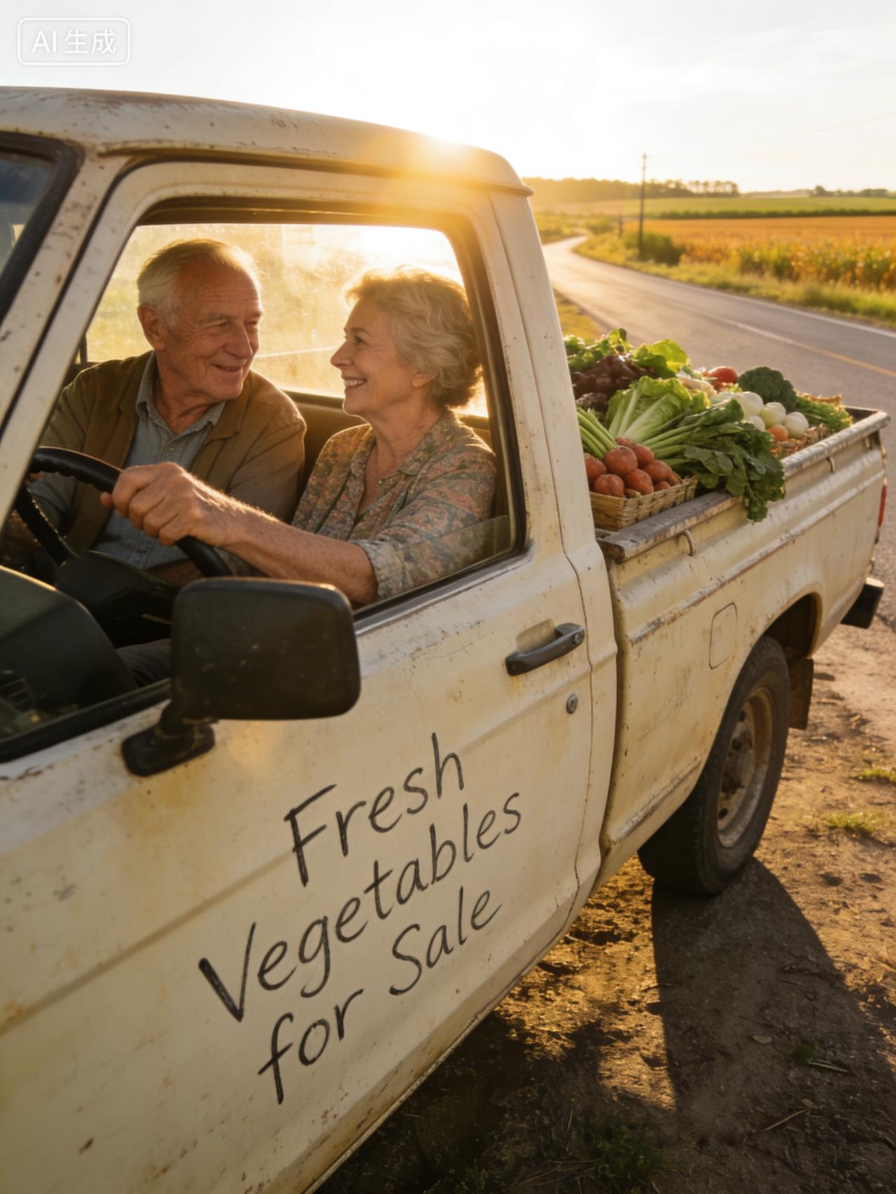 坐在复古米白色皮卡车里的银发夫妇，脸上带着轻松又幸福的笑容。老奶奶握着方向盘，两