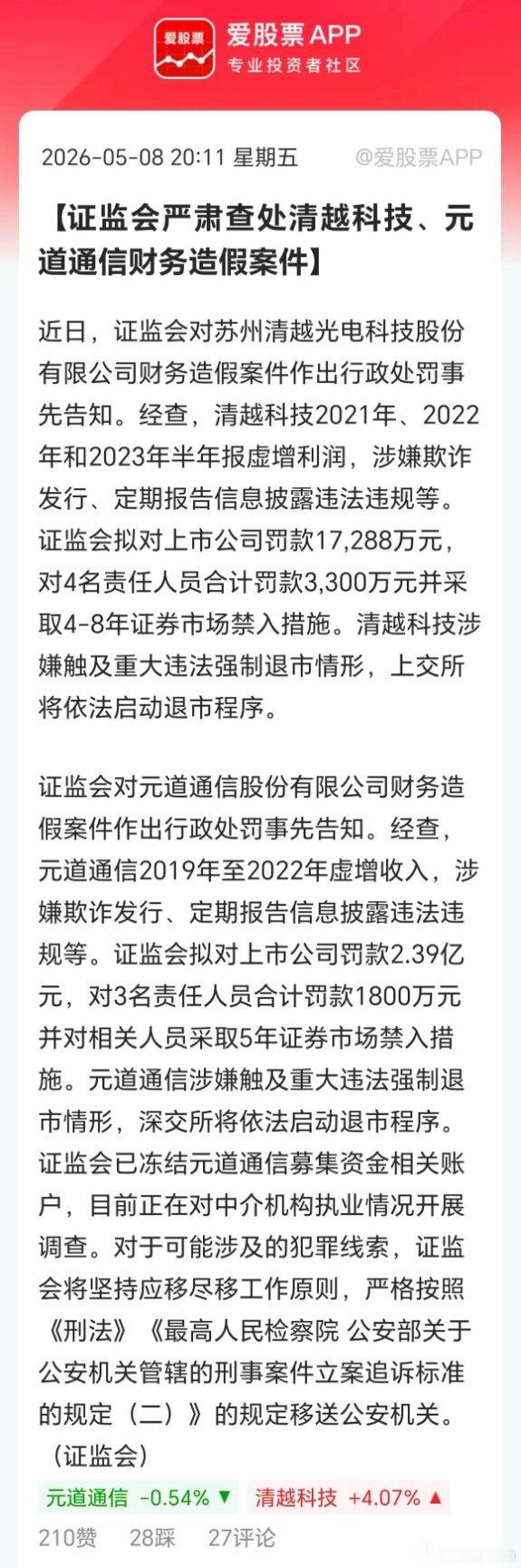 清越科技、元道通信财务造假，村里直接勒令退市了！还一个1.7亿元，一个罚款2.4