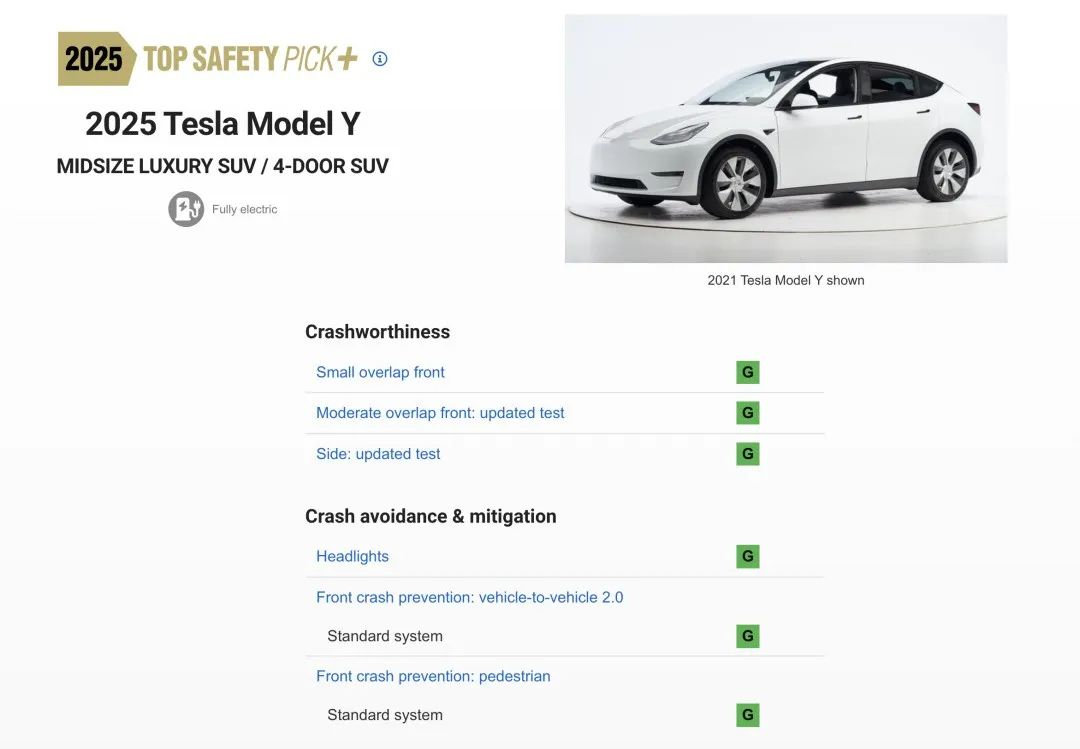 全球最严格安全碰撞测试2025最新结果发布：Model Y 6项满分获评IIHS